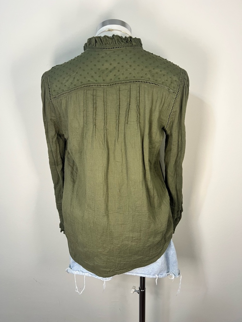 Quince Organic Cotton Peasant Blouse Size S Green Textured Ruffle Neck Button - Picture 6 of 9